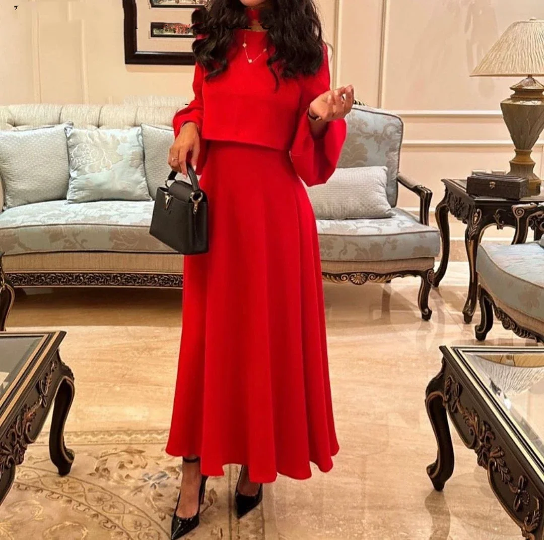 Elegant Two Pieces Red Prom Dresses O-Neck Long Sleeves Evening Gowns Ankle Length Formal Occasion Party Dresses