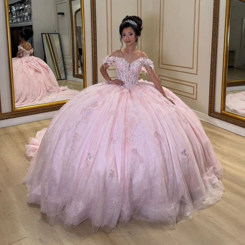 

Pink Shiny Quinceanera Dresses Off The Shoulder Sequin Applique Lace Beads Bow Tull Party Birthday Sweet 16 Dress Vestidos 15 De