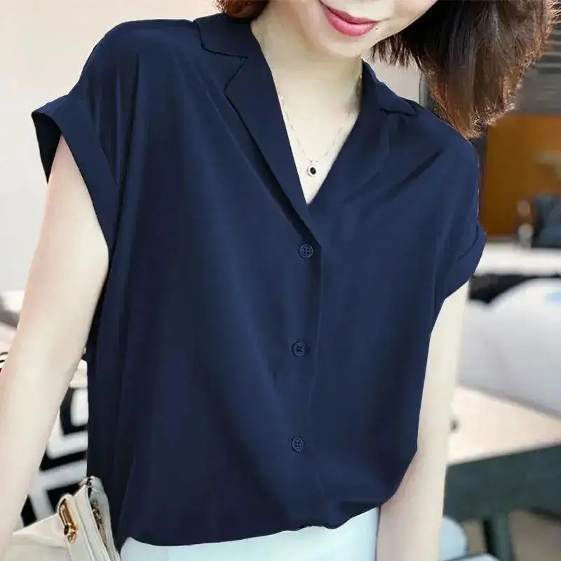 High Quality Elegant Simple Office Lady Commute Top Blouse Women Summer Fashion V Neck Short Sleeve Solid Loose Button Up Shirts