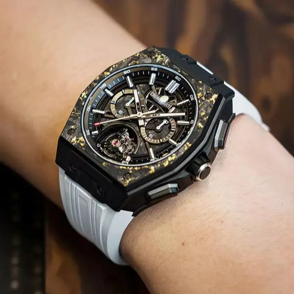Reloj Cronusart Tourbillon para hombre, reloj de pulsera mecánico automático, caja de titanio, zafiro luminoso, resistente al agua hasta 50M, correa de caucho fluorado
