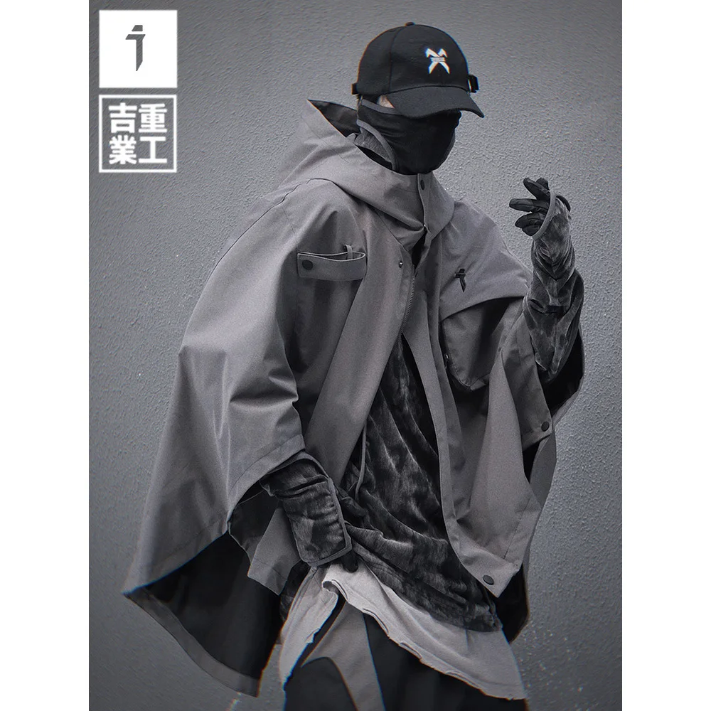 11 BYBB'S DARK Spring 2025 جديد وظيفية مقنعين معطف قصير عباءة سترة شال الرجال فضفاض الهيب هوب موضة التكتيكية