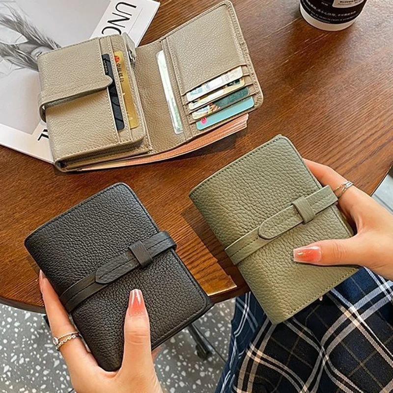 Top Leather Purse Women's Short Folding Wallet Pull-out with Multi-function Large Capacity Money Clip