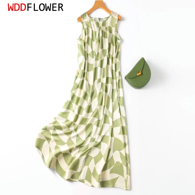 

Women Silk Dress 95% Mulberry Silk 5% Spandex 19 Momme Green White Plaid Printed Sleeveless Tank Dress O neck Midi Dress MM851