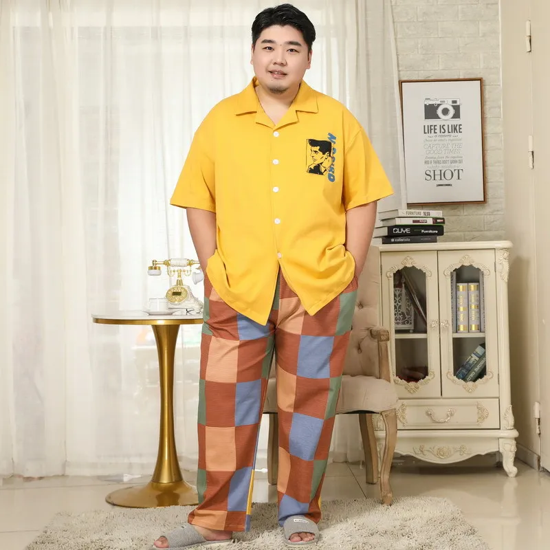 

Plus Size 5XL 100% cotton pajama sets men summer fashion casual short sleeves Trousers Sleepwear pyjamas 140kg 8589