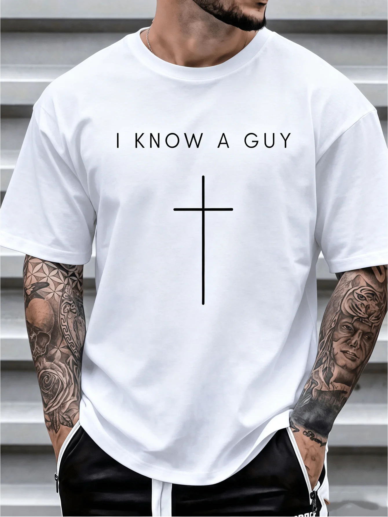 1pc Mens Clothes Cross Inscription Print Black TShirt, Unisex Casual Crew Neck Tshirt, Plus Size Men's Clothing 5XL, Lightweight 180gsm Knit Fabric,