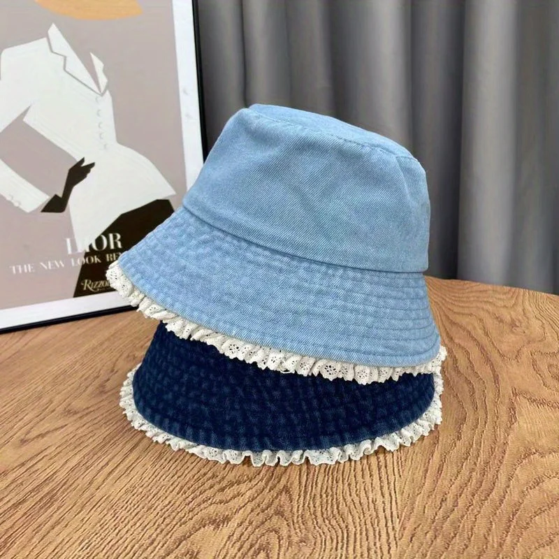 

Lace Trim Denim Fisherman Bucket Hat for Women Cute Preppy Style Sun Protection Wide Brim Cap for Spring Summer Face Slimming