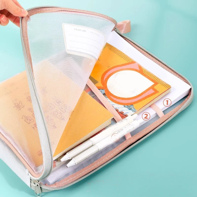 A4 حقيبة تخزين الأدوات المكتبية طبقة مزدوجة شبكة سستة حقيبة سعة كبيرة المنظم المجلدات اللوازم المكتبية المدرسية حقيبة ثابتة