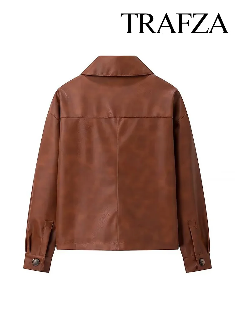 TRAFZA Autumn Female Fashion Lapel Single-breasted Two-tone Jacket Women Chic Pockets Long Sleeve Leather Coat Streetwear Mujer