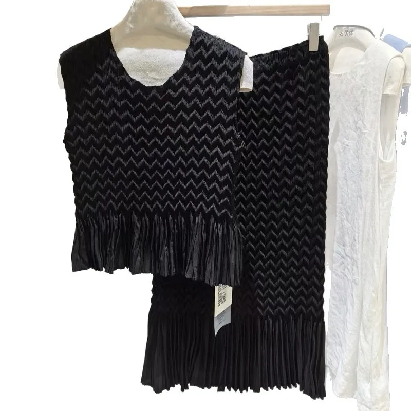 Miyake Pleated 2026 Summer New Original Sleeveless Vest and Fishtail Skirt Set Elegant Commuter Solid Color Two-Piece Set Pleat