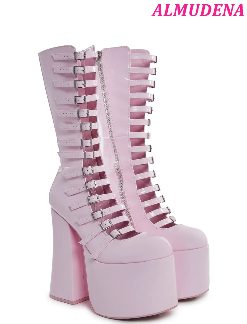 

Girl's Pink Platform Leather Knee High Boots Women Round Toe Buckled Zipper Cute High Heels Hollow out Big Size Designer Shoes