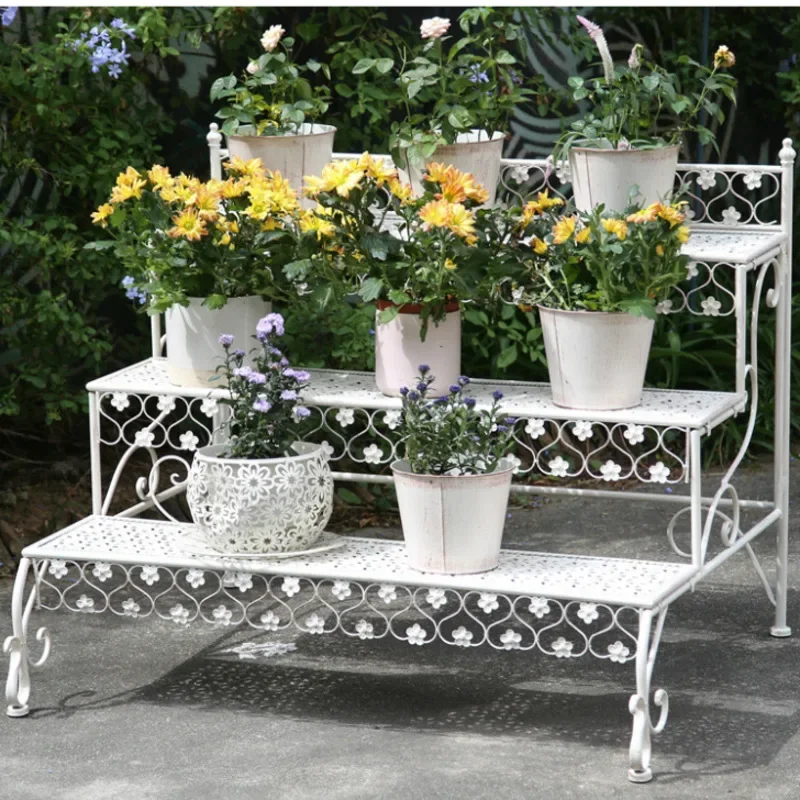 Vintage Wrought Iron Flower Stand, Flower Pot Rack, Multi-Layer Storage Shelf, Patterned Flower Decor Stand for Display