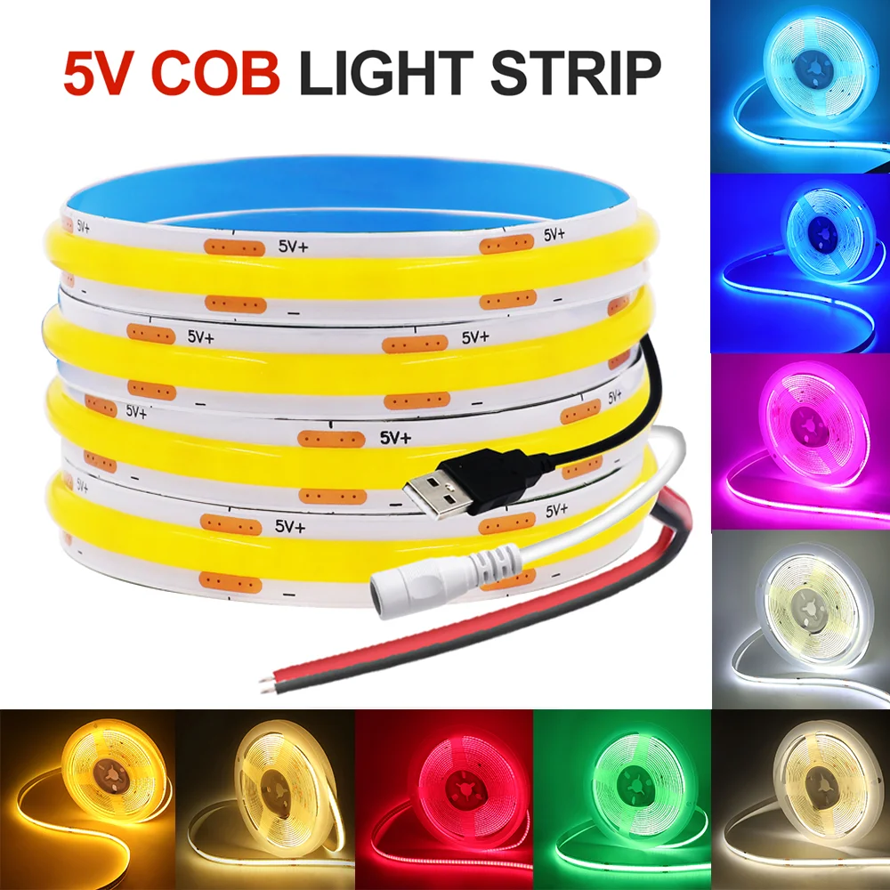 DC5V COB LED Strip 8mm Width 320Leds/M Flexible Ribbon Rope LED Light with Adhesive High Density Linear Lighting Wall Decor