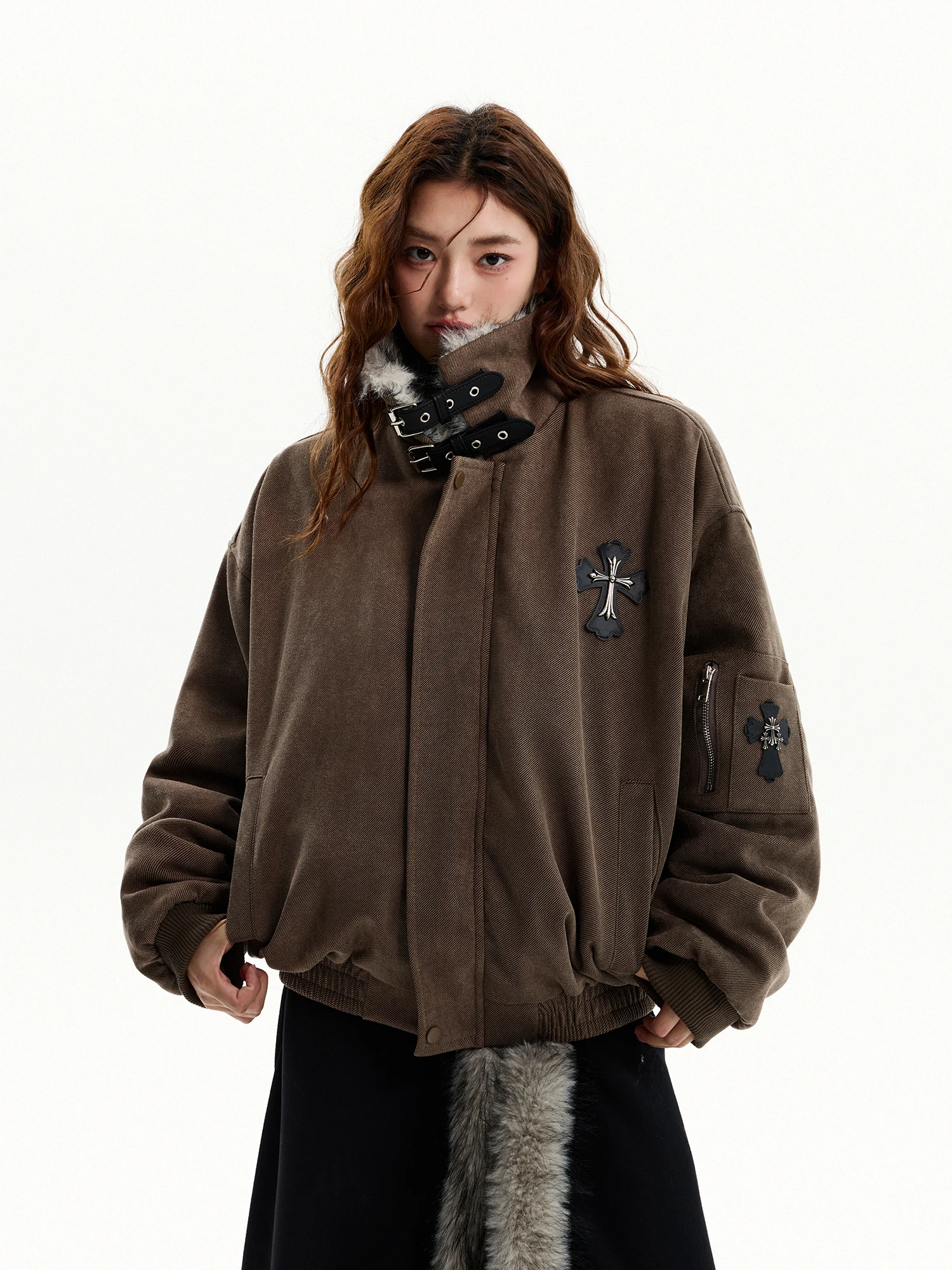 

Женская утепленная хлопковая куртка Damon Island с меховым воротником и перекрестным дизайном, новая зимняя модель, свободный крой, уличный стиль