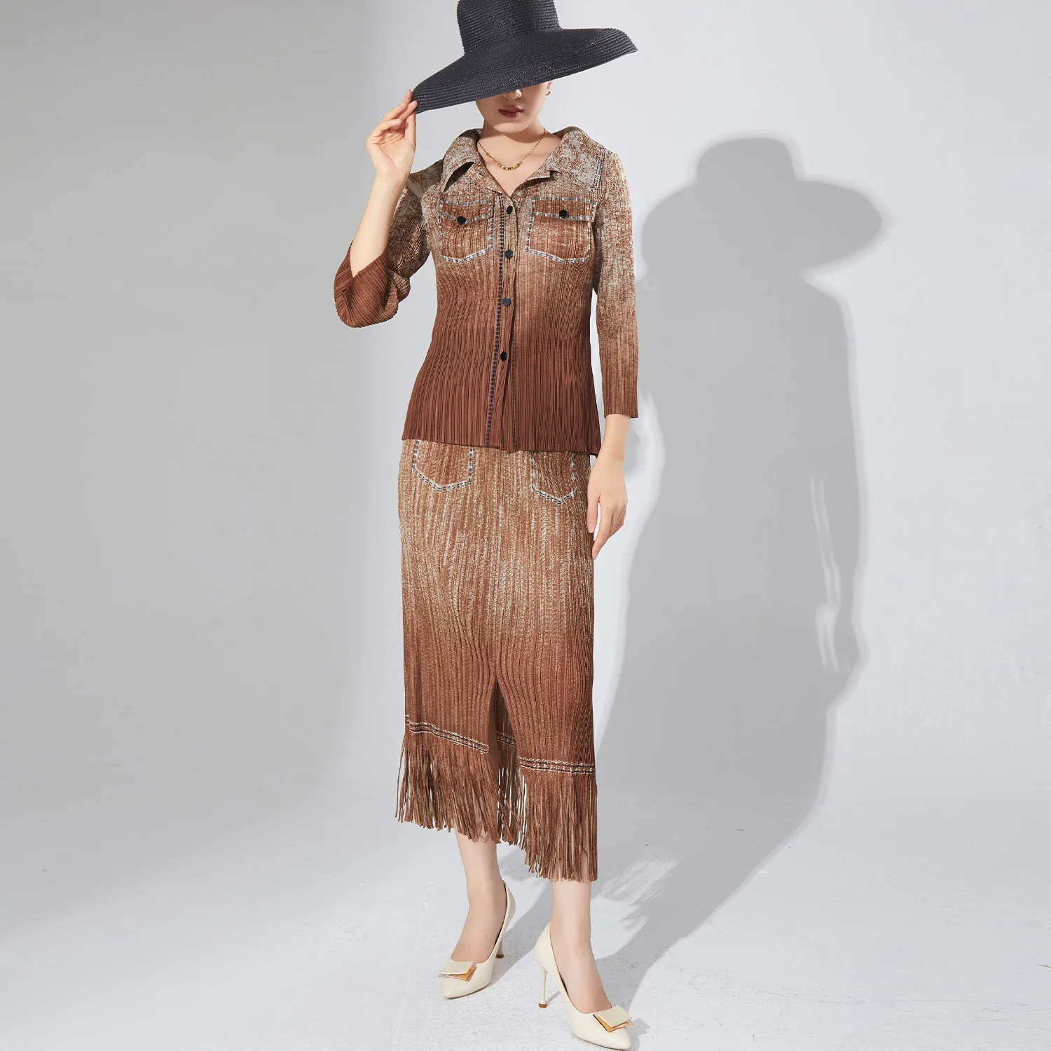 Miyake Pleated Set 2025 Women's Unique Fashion Fringed Ombre Shirt and Bodycon Skirt Two-Piece Set