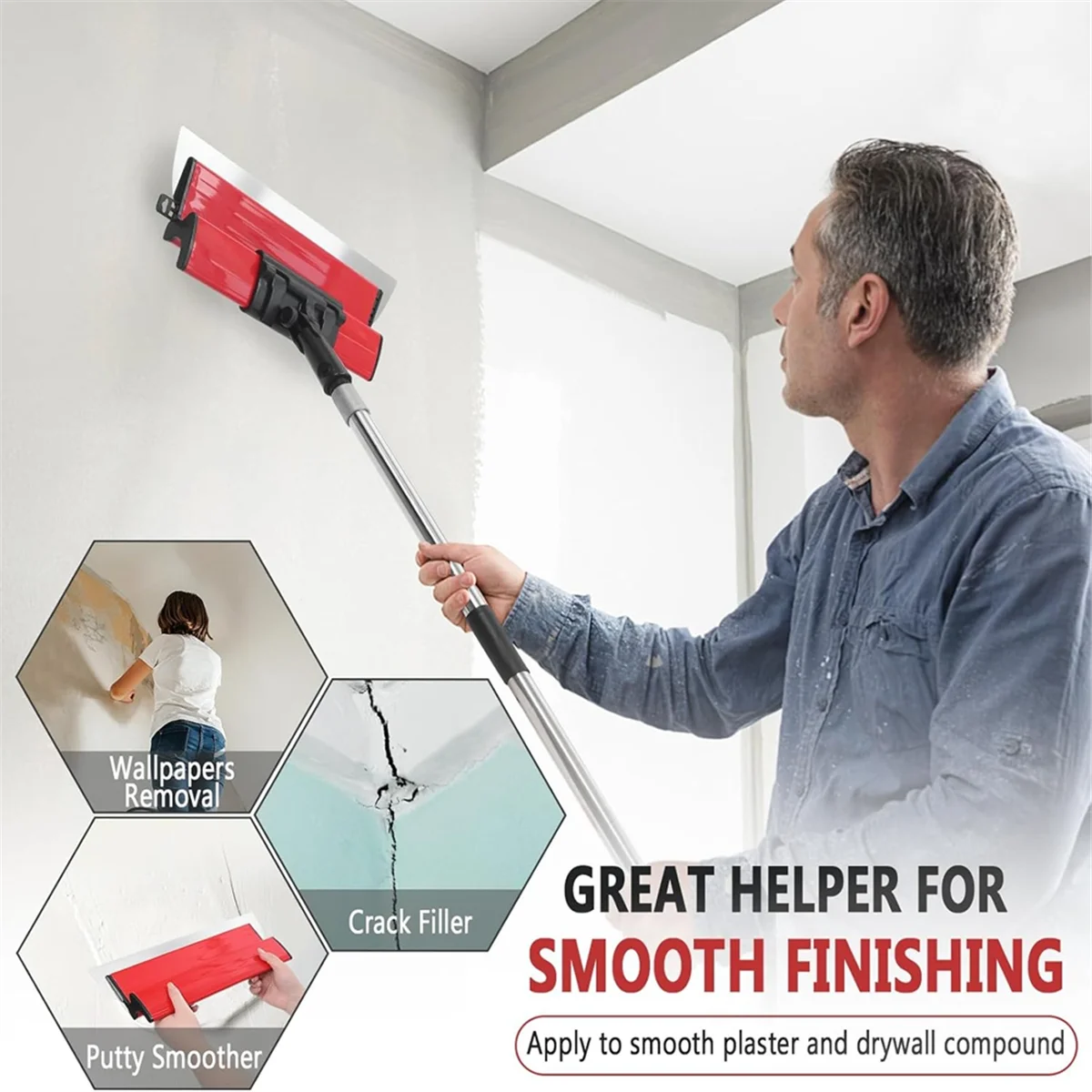 Conjunto de lâminas de skimming para drywall A002, lâminas de aço inoxidável de 10 polegadas e 16 polegadas + pólo extensível de 34-81,6 polegadas para alisar faca de drywall