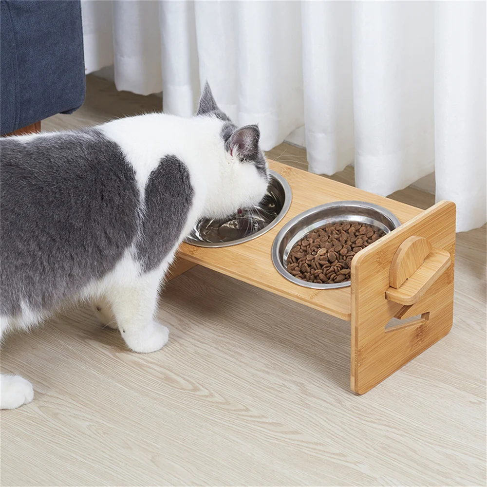 Comederos elevados para perros con soporte, bambú y acero inoxidable - imagen 3