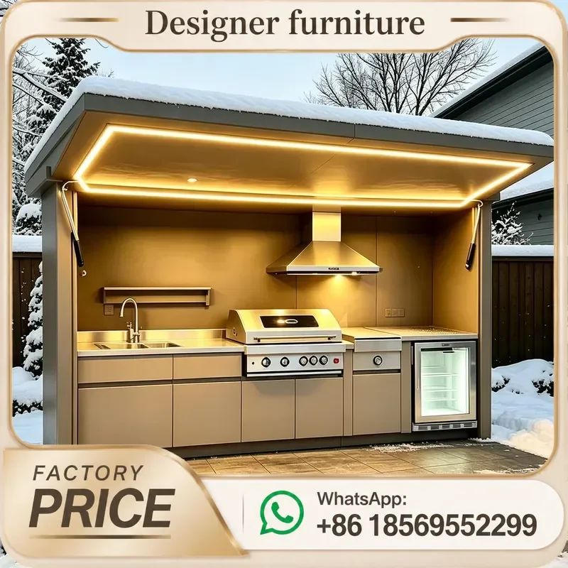 Sturdy All-Weather Outdoor Kitchen with Cooking Gear, Aluminum Cabinet & Motorized Door, Resist Wind,Rain & Snow for Outdoor
