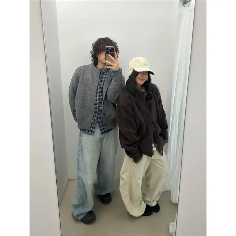 

Loose Casual Plaid Knitwear Sweater Men Women Autumn Winter New Sle Laid-ba Loose Texture Couple Outerwear Coat