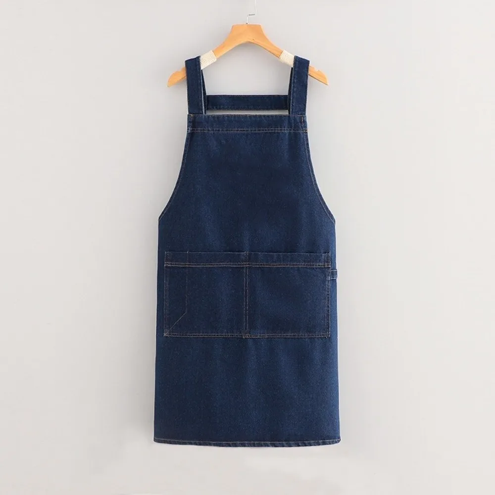 Adjustable Back Tie Denim Kitchen Apron Strap Style Oil-proof Washed Denim Apron Washed Denim Material Wear-resistant