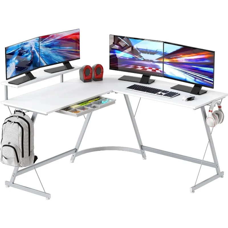 L-Shape Computer Desk com Monitor Stand para Home Office, Preto