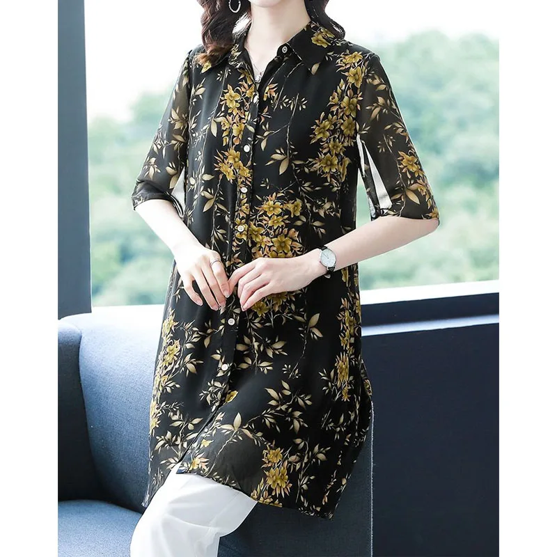 Casual All-match Female Printed Chiffon Shirt Summer New Women\'s Clothing Loose Fashion Single-breasted Turn-down Collar Blouse