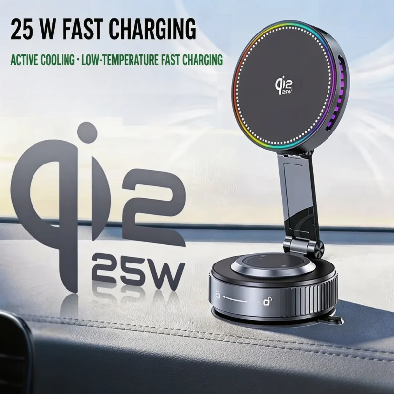 車用真空吸盤ブラケット-qi2-25w-ワイヤレス充電器-スマホホルダー-冷却ファン-rgbライト-360度回転-°-マグセーフ対応iphone-17〜12用回転式ホルダー