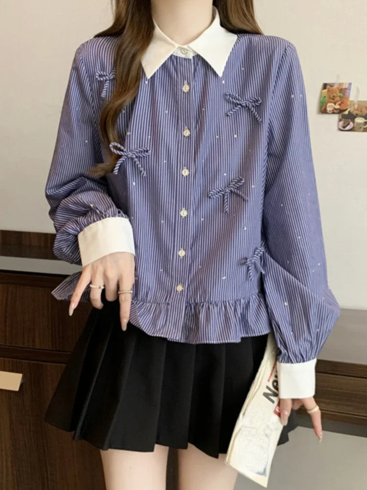 

Plus Size Contrast Color Blouses Bow Patchwork Ruffles Striped Casual Loose Shirts Spring Autumn Design Elegant Women's Clothing