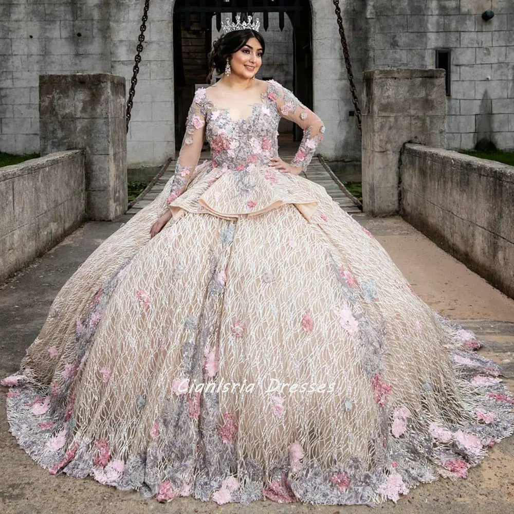 Luxurious Multicolor Handmade Flowers Quinceanera Dresses Ball Gown Long Sleeve Crystal Ruffles Sweet 15 Party Vestidos XV Años