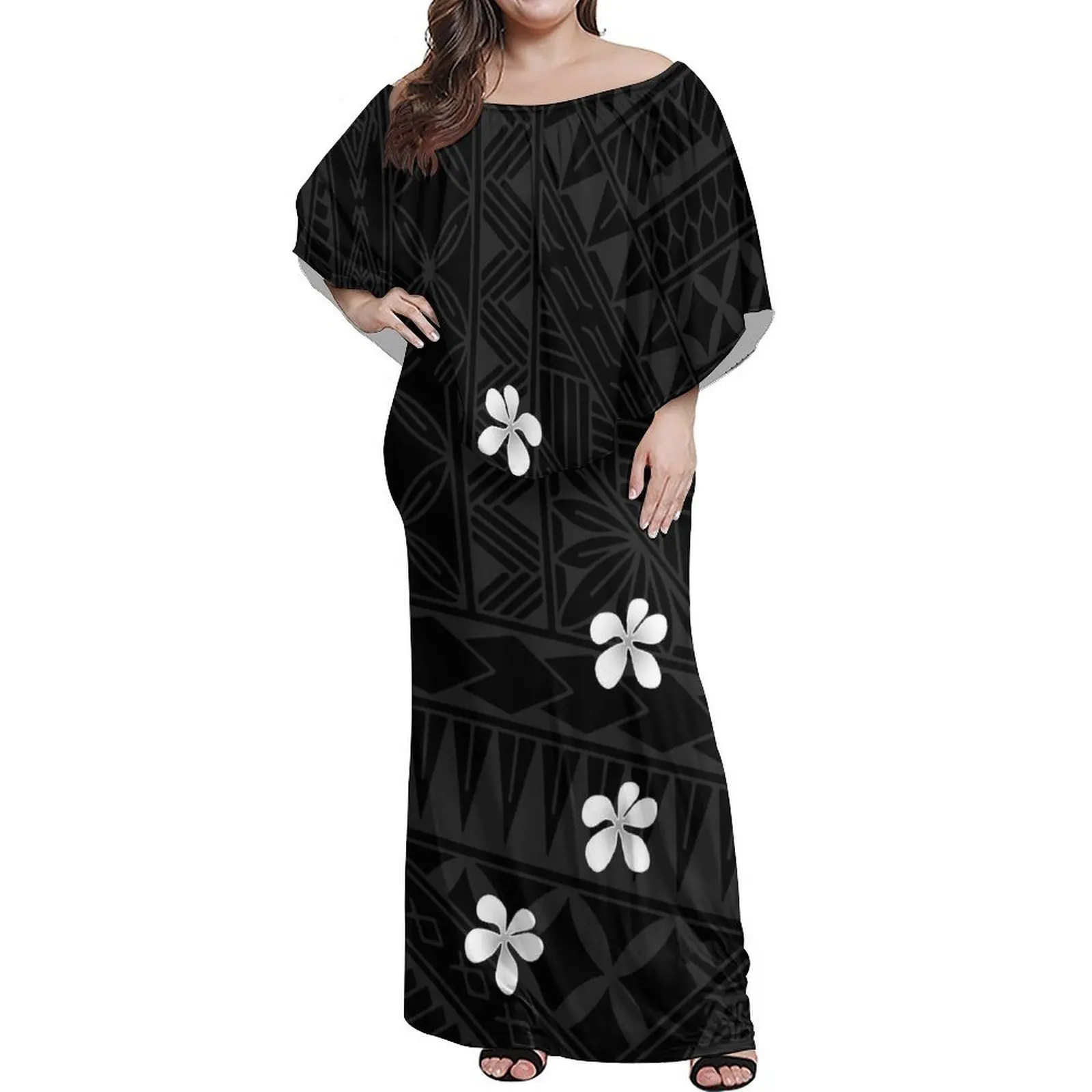 2024 Summer Hot Women'S Cape Sleeve Dress Polynesian Tribal Design Pattern Samoan Dress Two-Piece Set