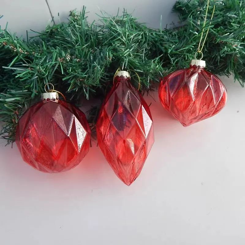 

Free Shipping 8pcs/pack Different Design Red Striped Glass Ball Home Decoration Christmas Pendant Ornament Hanging Onion Cone