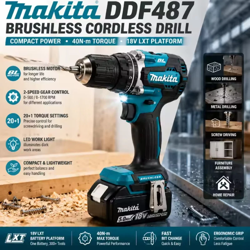 Makita DDF487 – akumulatorowa wiertarko-wkrętarka 18 V z silnikiem bezszczotkowym, z uchwytem 10 mm, kompatybilna z akumulatorami litowymi Makita 18 V, do prac w drewnie, metalu i innych zastosowań