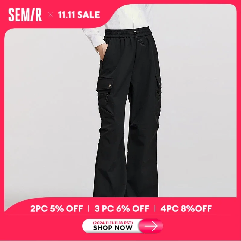 Semir Casual Pants Women Drawstring Flannel-Lined Wide-Leg Pants Concealing Flesh Winter Outing Elastic Waist Slimming Pants