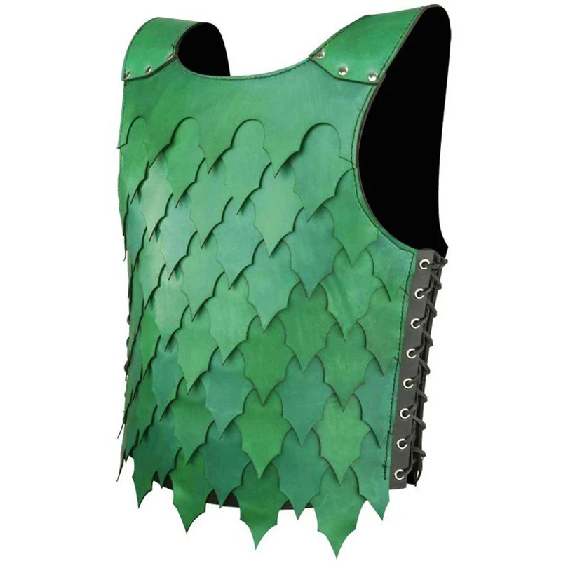 Medieval Fantasy PU Leather Scale Vest Armor LARP Elf Knight Warrior Cosplay Costume Green Jerkin Cuirass Outfit Doublet Tabard