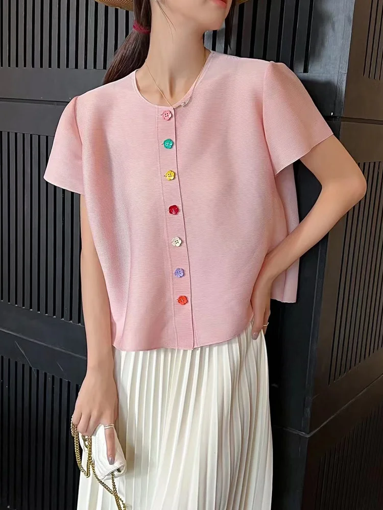 

Sweet Summer ort Sve round Ne Pleated Outerwear Women's irt Button Design Anti-Aging Straight Cut Silk Top