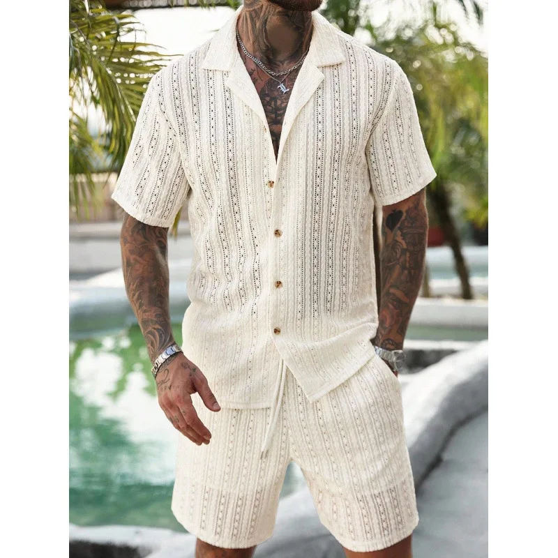 2026 New Spring and Summer Men's Clothing Hollow Breathable Short Sleeve Shirt Drawstring Shorts Two-piece Set