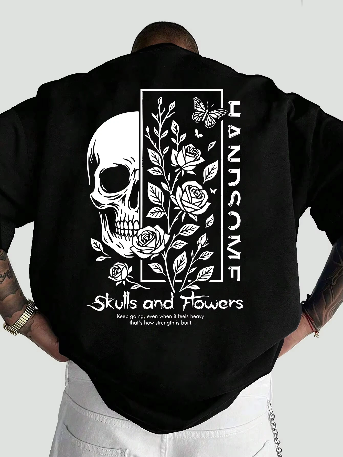 2026 Fashion New Style Skull and Rose Print Cotton Men's T-shirt in Retro Gothic Style - Comfortable Short-sleeved T-shirt