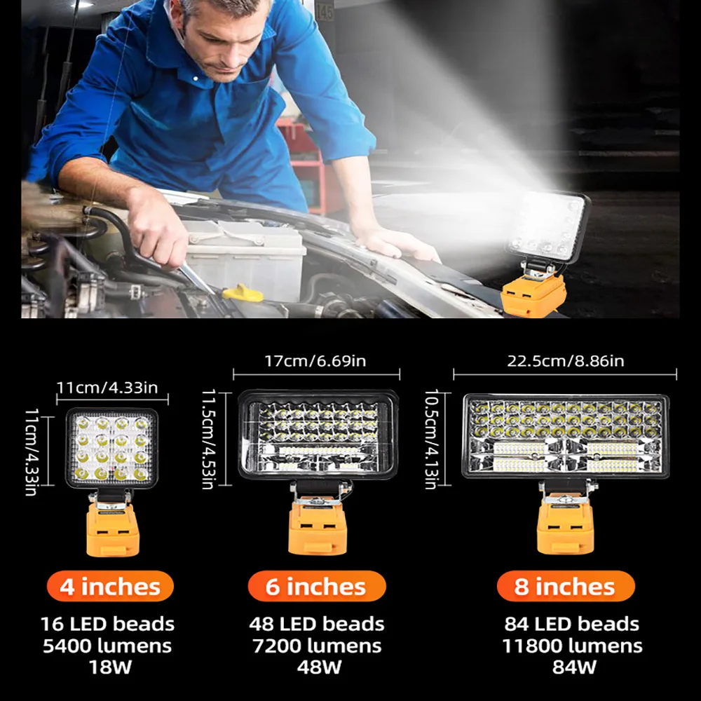 LED Work Light Flashlight 4/6/8Inch For Dewalt 18V 20V Lithium Battery Portable Lantern Tool Lamp With USB DCB205 DCB206