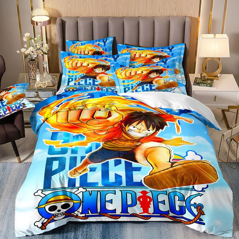 Juego de cama de 3 piezas de One Piece Luffy, funda nórdica de anime + fundas de almohada + sábana plana, decoración de dormitorio para adolescentes, juego de cama individual