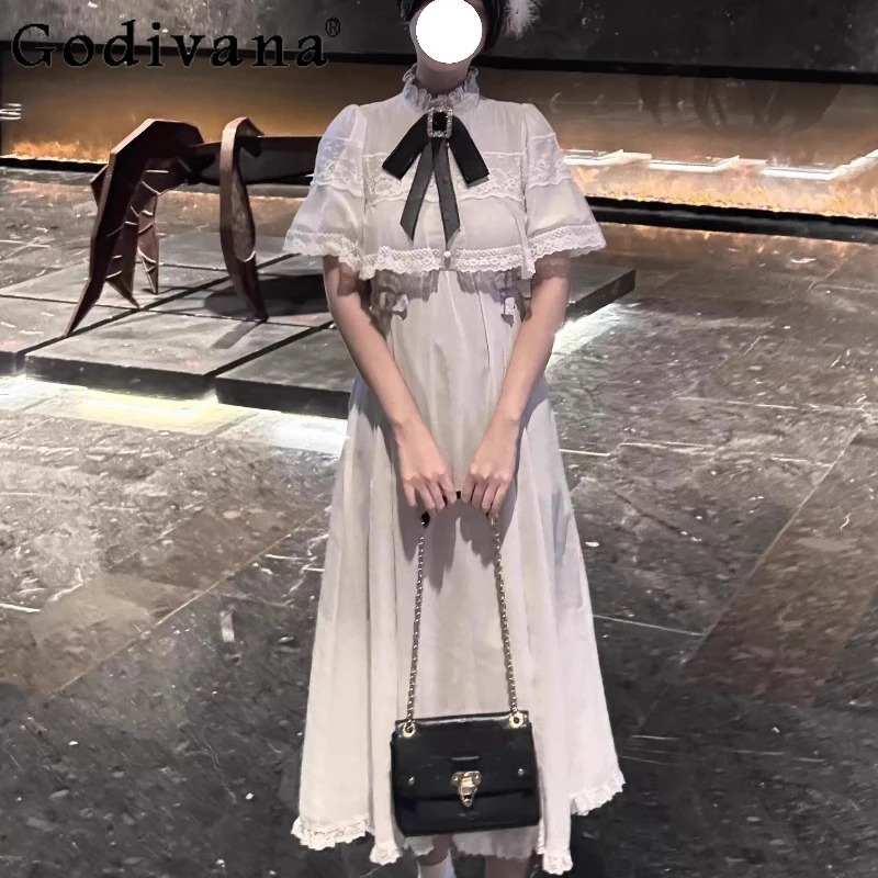 Abito giapponese a mantella in pizzo Rojita per ragazze Abito lungo stile gotico a mezza manica a vita alta Abito Lolita primavera estate da donna