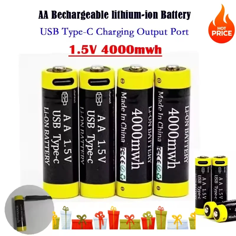 100% New AA 1.5V 4000mwh Rechargeable Li-ion Battery for Mouse Remote Control Small Fan Electric Toy Batteries USB Type-C Cable