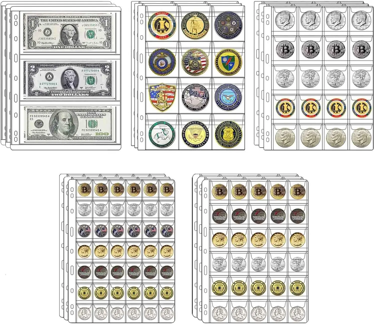 

15 Sheets Coin Collection Pages, 5 Sizes Coin Pocket Pages for 3-Ring Binder, Standard 9-Hole Design, Clear PVC Sleeves for Coins, Stamps, Currency