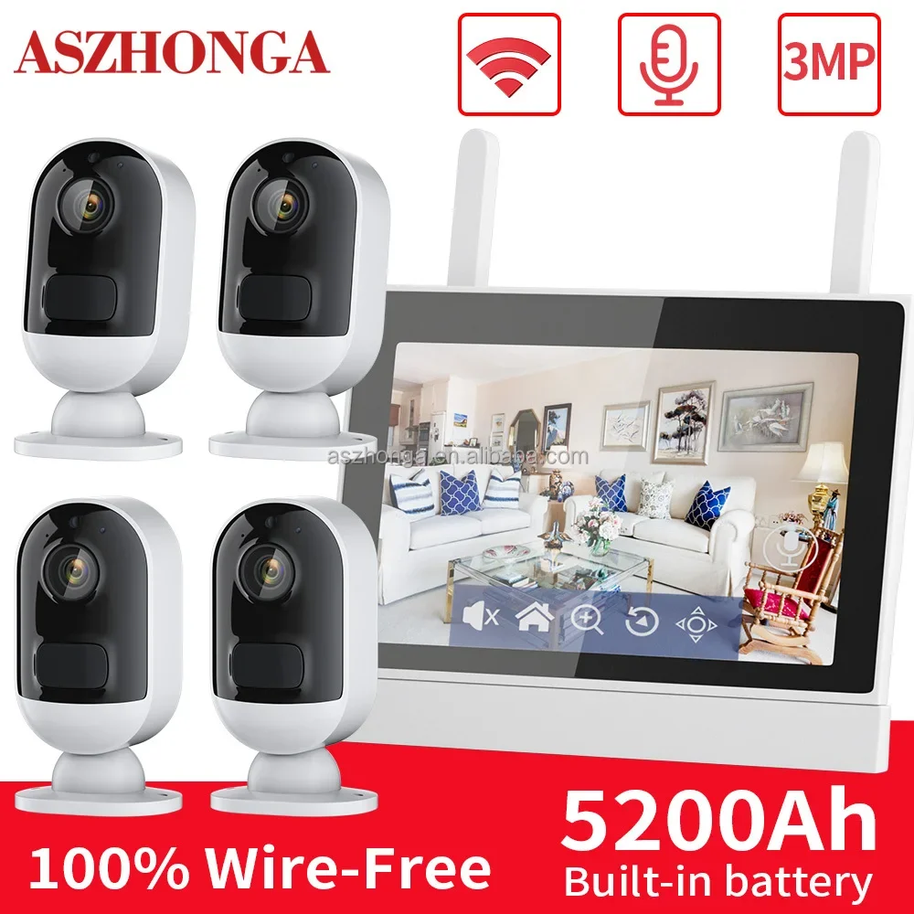  4CH Mini Smart Wireless Ip Network Security Home Surveillance CCTV Battery Camera System 3MP WiFi 7 Inch LCD Nvr Kit