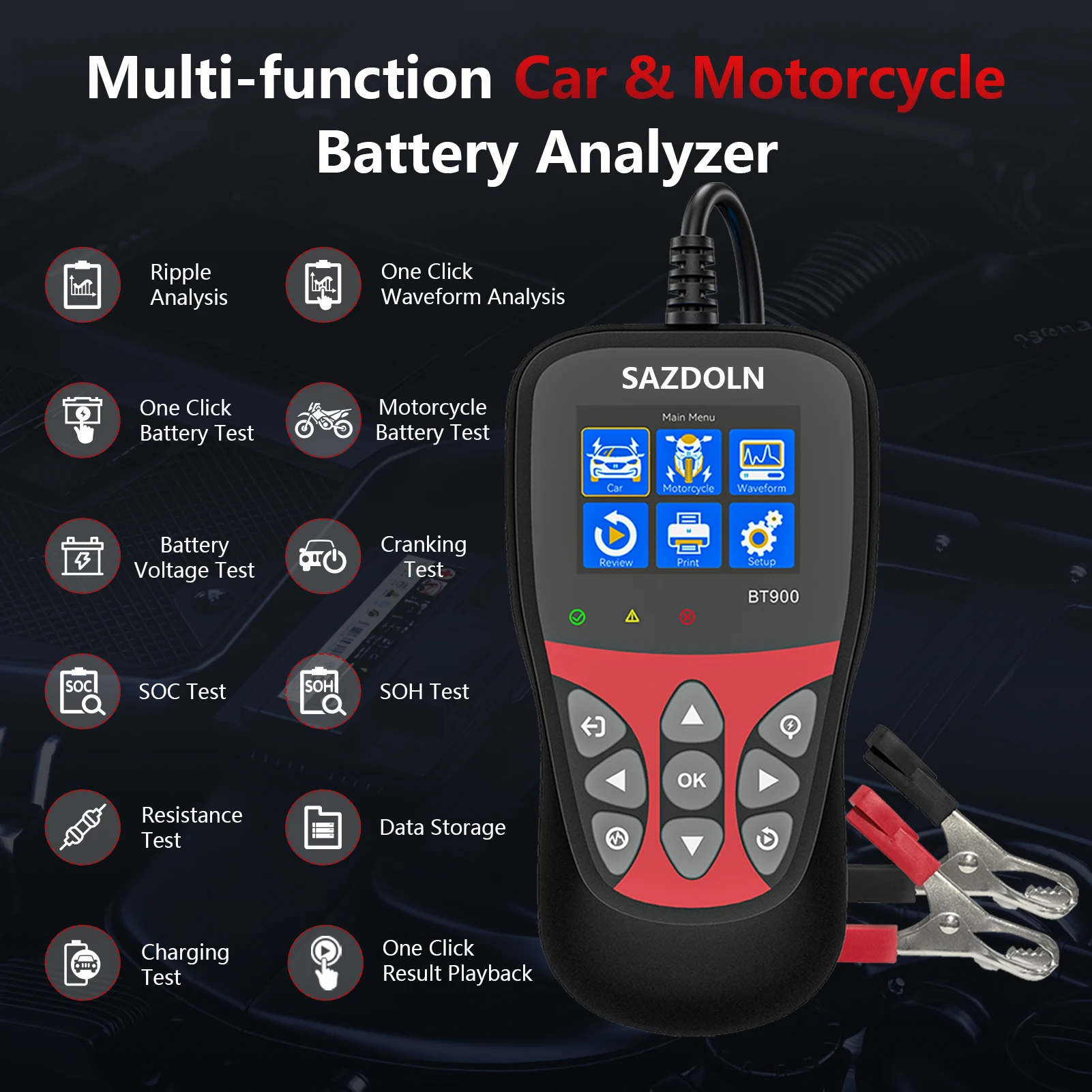 HUMZOR BT900 12V 6V Car Battery Tester 5-3000CCA SOC and SOH Test Resistance Test For Car SUV Lawnmowers Cars Motorcycles