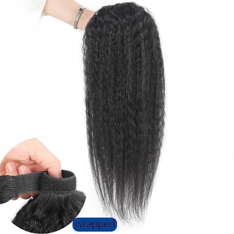 Rabo de cavalo reto Kinky com pasta mágica, grampo em extensões do cabelo para mulheres, peruca ao redor, cabelo humano brasileiro, 120G, # 1B