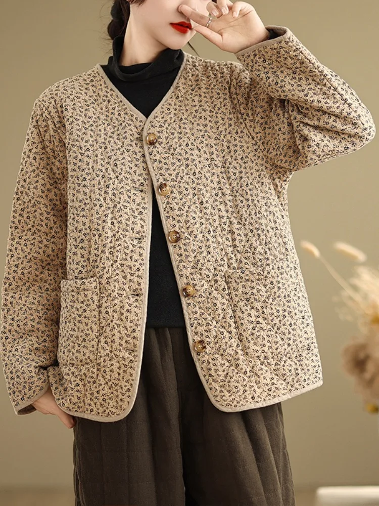 

Хлопковая куртка Thiened с цветочным принтом, женская домашняя одежда, стеганое пальто в стиле ретро с ромбовидным узором, V-Ne Long Sve, зимняя верхняя одежда