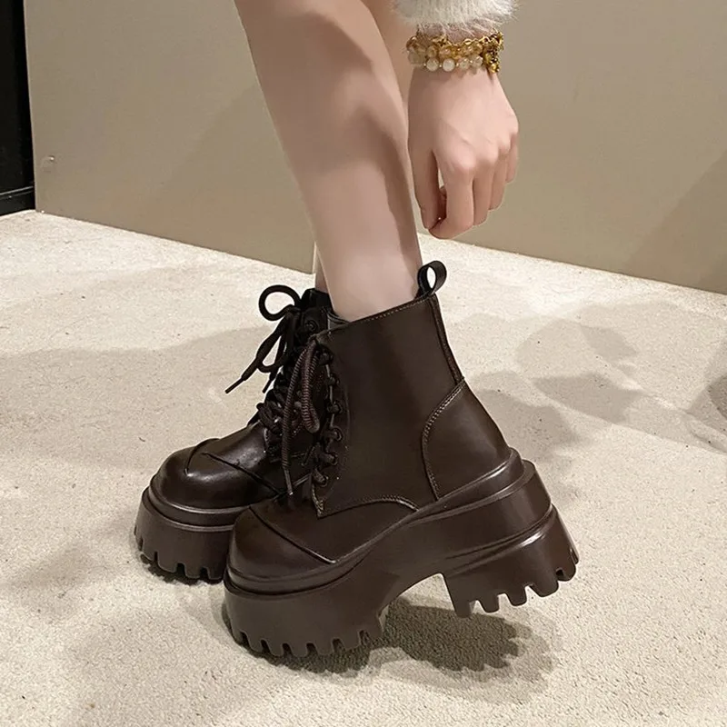العلامة التجارية النساء أحذية عالية منصة القوطية الجلود فاسق حذاء الإناث الكاحل قصيرة أحذية قتالية 9 سنتيمتر إسفين الكعوب مكتنزة دراجة نارية الأحذية #6