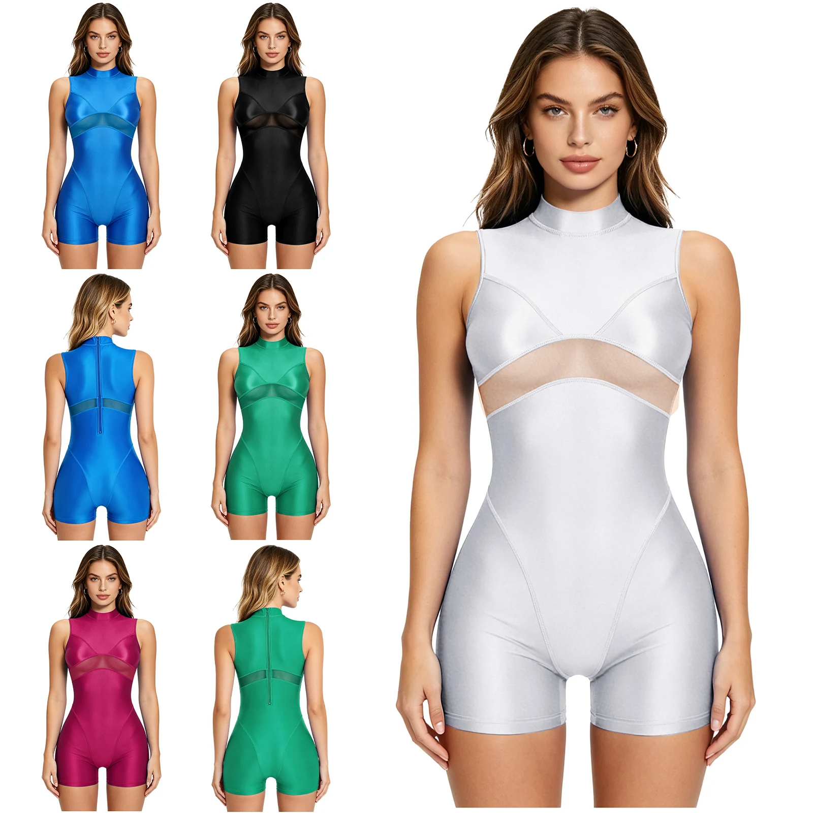 Womens One Piece Bathing Suit Rash Guard Mesh Patchwork Sleeveless Back Zipper Tummy Control Swimsuit Rompers Surfing Wetsuit