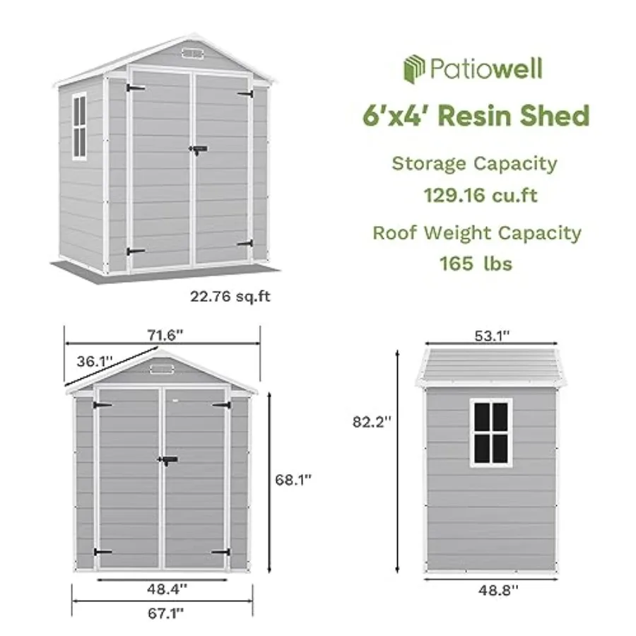 Outdoor storage shed for feet use, resin material, gray color, weather-resistant and includes floor