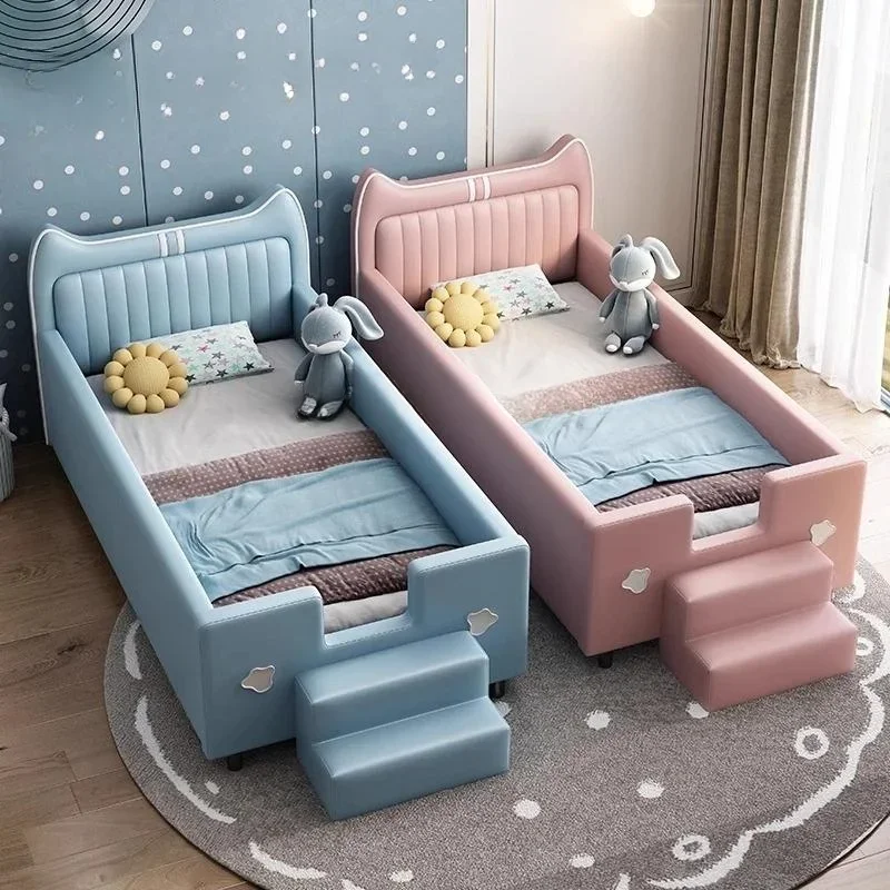 

Leather Children's Splicing Bed Italian Style Bedroom Furniture Wood Kids Bed For Boy And Girl Cute Baby Bed With Safe Guardrail