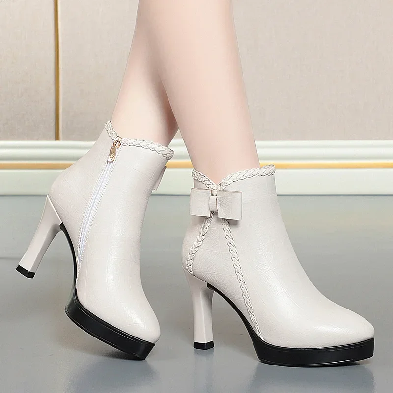 White Black High Heel Ankle Boots Women 2024 Pointed Toe Keep Warm Elegant Short Booties Ladies Ankle Buckle Decoration